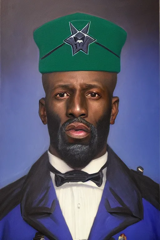 Image similar to facial portrait of the dictator of the minnesota timberwolves, 1 8 8 9, in full military garb, midnight blue, aurora green, lake blue, moonlight grey, kevin garnett, oil on canvas by william sidney mount, trending on artstation