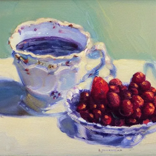 Image similar to a painting of a bowl of berries and a cup of tea, a still life by juliette wytsman, featured on deviantart, american impressionism, rich color palette, acrylic on canvas