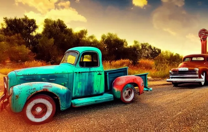 Image similar to A beautiful colorful evening scene of route66, old road with abandoned gas station and rusty old pickup truck, hyper realistic, blinding backlight evening sun, sparkling sun rays, epic scene, intense setting, evening vibe