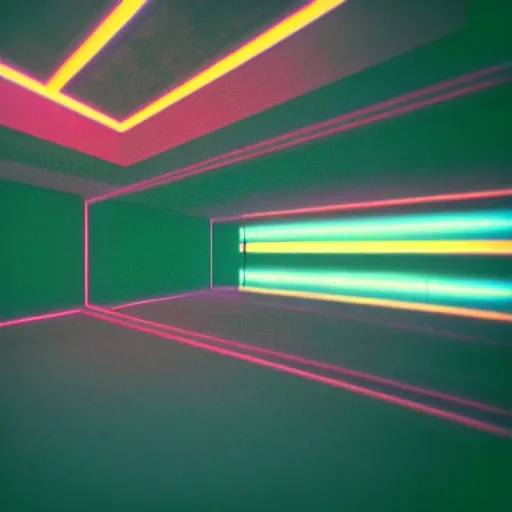 Image similar to noisy color photograph of a retrofuturist liminal space, dark pit, glitch, minimalist, cinematic, soft vintage glow, unreal engine