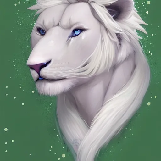 Image similar to aesthetic portrait commission of a albino male furry anthro lion in a rainy utopian city while wearing a cute green jacket cozy soft pastel winter outfit with pearls on it, rainy atmosphere. character design by charlie bowater, ross tran, artgerm, and makoto shinkai, detailed, inked, western comic book art, 2 0 2 1 award winning painting