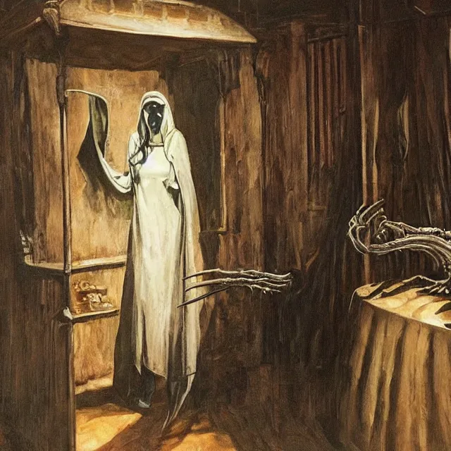 Image similar to a strange creature greeting a female explorer in a dining room, haunted house, rhads!, a hooded figure, a fierce woman, ( h. r. giger )