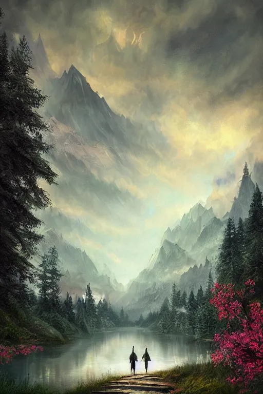 Image similar to beautiful matte painting style dark academia, street art fantasy path mountains and meadow in the background near a lake reflecting the trees, atmospheric lighting, painted, intricate, volumetric lighting, beautiful, rich deep colors masterpiece, sharp focus, ultra detailed by