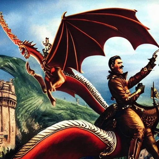 Image similar to Historical photo of Joseph Stalin Riding a Dragon from Game of Thrones, photorealism 8k,