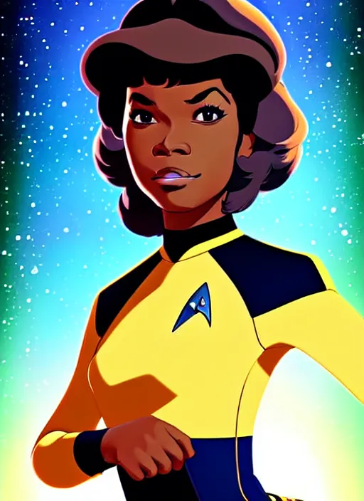 Image similar to cute star trek officer tina turner, natural lighting, path traced, highly detailed, high quality, digital painting, by don bluth and ross tran and studio ghibli and alphonse mucha, artgerm