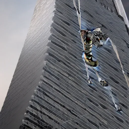 Prompt: large human skeleton going up the side of a skyscraper using his hands, skeleton climbing, 8 k, volumetric lighting, epic scale, surrealism, hyperrealistic, aesthetic octane render