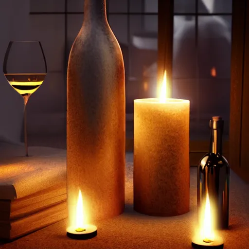 Image similar to wine bottle in candle - lit cool luxury igloo, highly detailed, concept art, realistic, octane render, unreal engine, up close shot