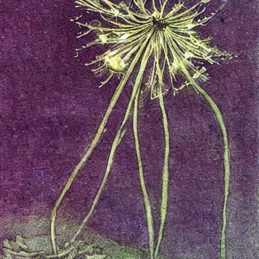 Image similar to a beautiful fairytale painting of a dandelion seed that is also a fairy. the dandelion seed is the body of the fairy. beautiful clear painting by arthur rackham