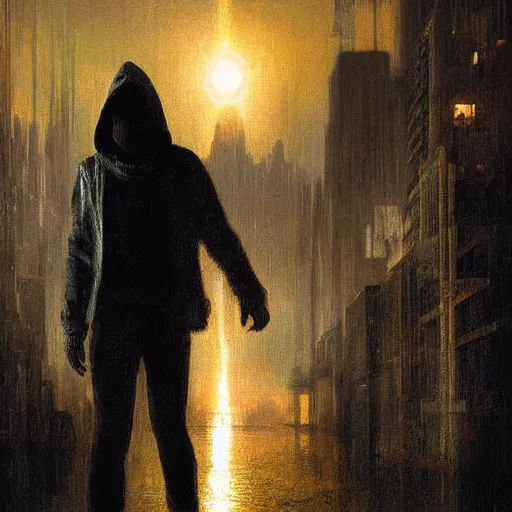 Image similar to digital art cyberpunk cityscape nighttime silhouette of young man in a hoodie in theforeground painted by turner 1860