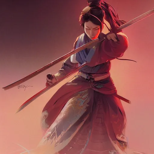 Prompt: female Samurai wielding a katana, highly detailed, digital painting, artstation, concept art, sharp focus, illustration, cinematic lighting, art by artgerm and greg rutkowski and alphonse mucha