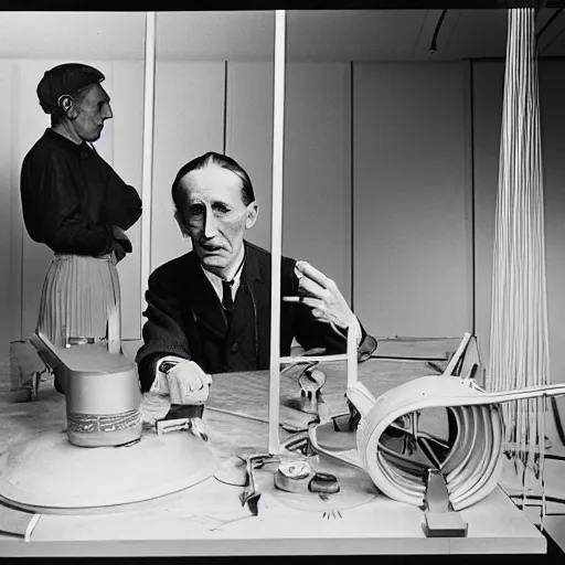Image similar to Kodachrome photo of Marcel Duchamp with an ancient machine, archival pigment print in the style of Hito Steyerl, studio shooting, contemporary art