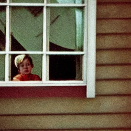 Prompt: Zoomed cropped closeup of unexpected voyeuristic eye contact with female neighbor in window, Technicolor, telephoto lens, vintage photograph,