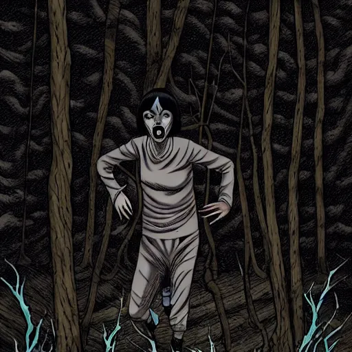 Prompt: in the style of junji ito, rafael albuquerque, shinsui ito, transparent ghost screaming, in the woods, moody lighting