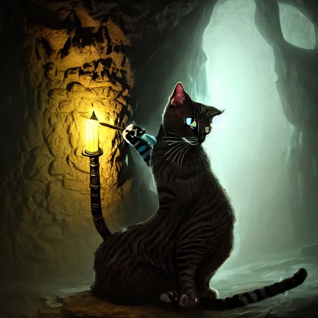 Prompt: photo of cat, holding a sword and standing in a grotto, photorealistic, dark, lovecraft, paul carrick, atmospheric lighting, painted, intricate, ultra detailed, well composed, best on artstation, cgsociety, epic, stunning, gorgeous, intricate detail, wow, masterpiece