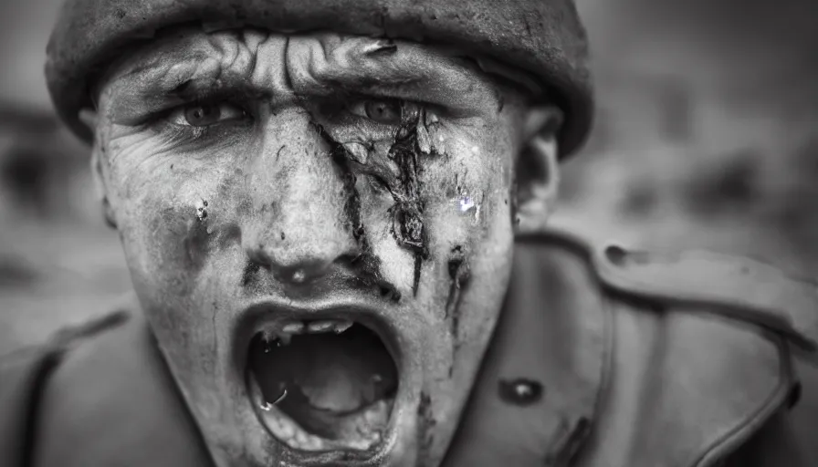 Image similar to World War 1 soldier screaming in anguish, close-up of face, wartorn landscape, dirty lens, shallow depth of field, cinematic lighting, IMAX, cinematography, 35mm