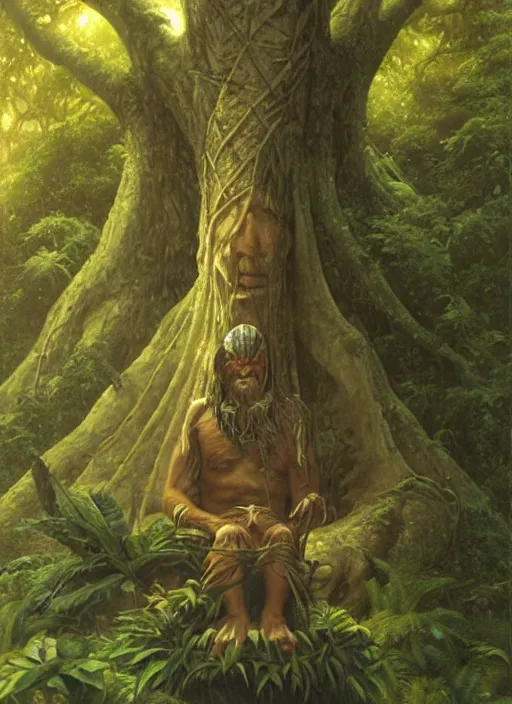 Image similar to a shaman sitting in the jungle, with giant face of an ancestor in a tree behind him, hyper detailed, art by christophe vacher