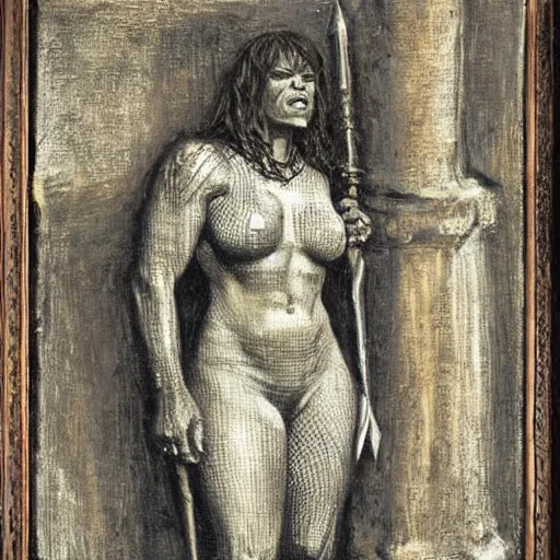 Prompt: orc warrior woman in chainmail scowling at viewer full body, pre - raphaelite oil painting in the style of dante gabriel rossetti