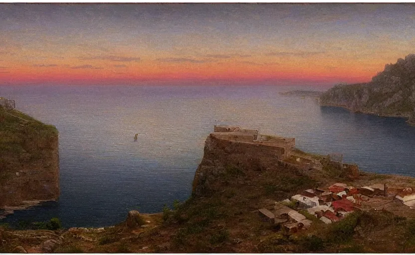 Prompt: early 1900s town on a cliff overlooking the ocean, at sunset, 4k, rule of thirds, extreme detail, hazy water, intricate ink illustration, trending on artstation, cgsociety, hd, calm, complimentary colours, realistic lighting, by Albert Bierstadt, Frederic Edwin Church.