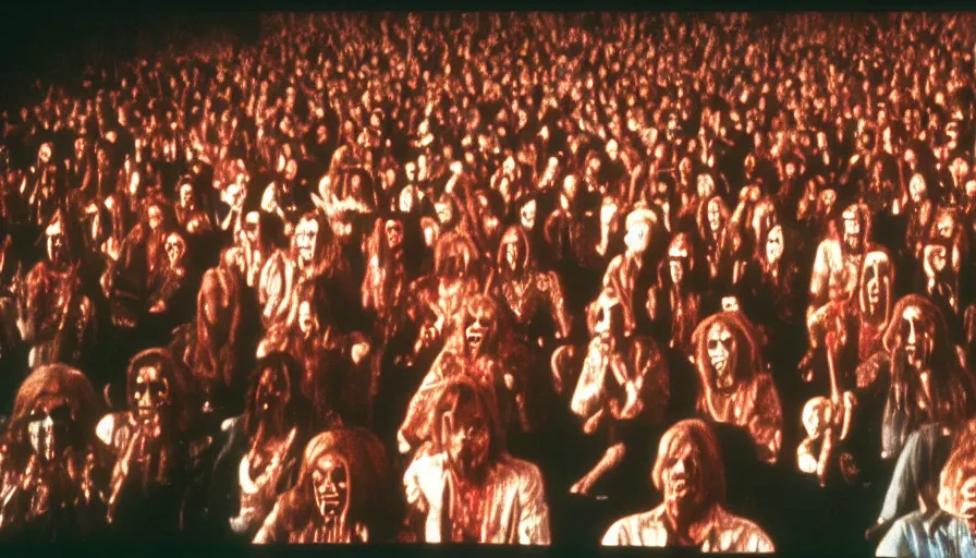 Image similar to 7 0 s film still from a horror movie of the price is right audience filled with zombies, kodachrome, cinecolor, cinestill, photorealism, cinematic, film grain, film texture, vhs recording