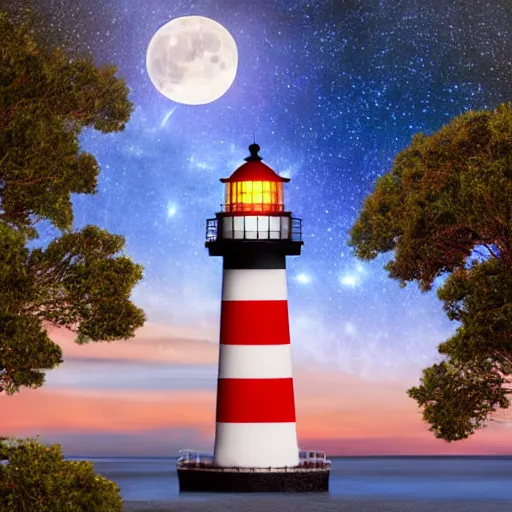 Image similar to Photography, very detailed, hyper-realistic A red and white striped lighthouse shining out onto the sea; a white house with a red roof with the lights on inside; thin dark trees behind; nighttime with stars behind; full moon; 8k