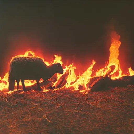 Image similar to sheep in a burning room on fire, cinestill 800t 50mm, photography, furniture on fire
