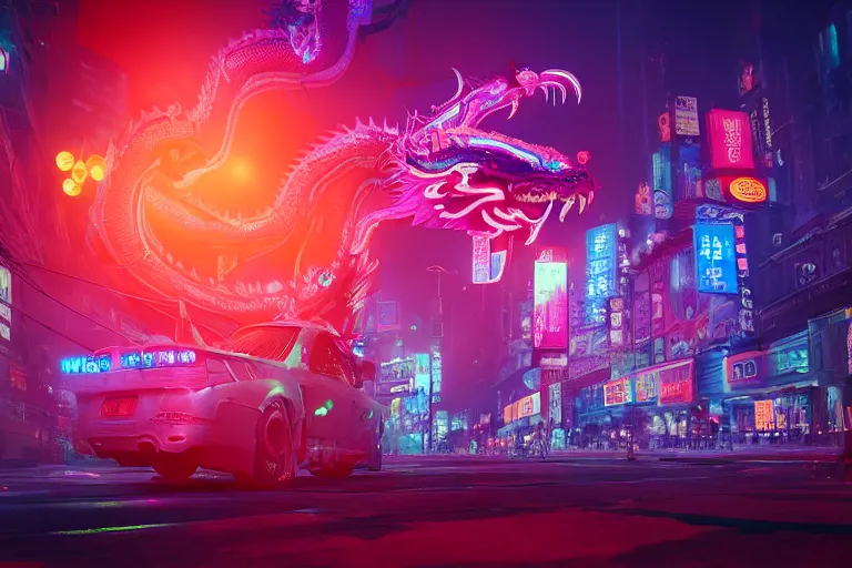 Prompt: cinematic wide angle shot of a neon chinese dragon, detailed textures, midnight city lights, strong bokeh, dramatic lighting, unreal engine, cgsociety, artstation, 4k