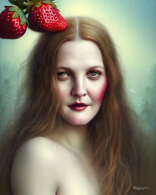 Image similar to beauty portrait, drew barrymore, strawberries, wild berries, by tom bagshaw, greg rutkowski, intricate background