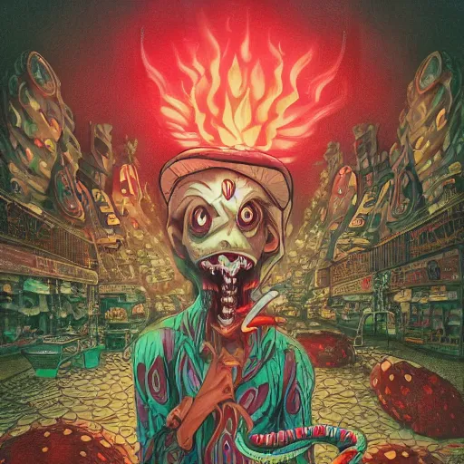 Image similar to A centered chest up portrait of a psychedelic demonic anthropomorphic snake smoking a hand-rolled cigarette smoking heavily , magic mushroom village in background , art by tokyo movie shinsha , award winning. superb resolution. in the art style of junji Ito and greg rutkowski . Detailed Mushroom city in background. Hyper realistic anime. Perfect art. Dalle2