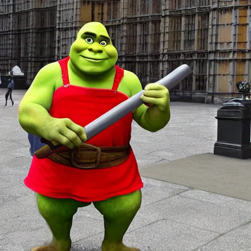 Image similar to shrek with a hammer next to the big ben