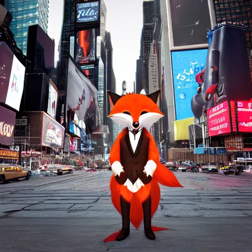 Image similar to anthropomorphic furry fox wearing a tuxedo stands on the times square ,detailed, environment, building, cinematic lights,Digital Art, Artstation