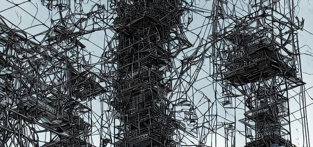 Image similar to Manga of a Wireless Internet technician looking up from the base of a giant telecommunications tower, getting ready to climb and replace radio. Post apocalyptical landscape, dystopia. hyper detailed, hazy atmospheric lighting volumetric