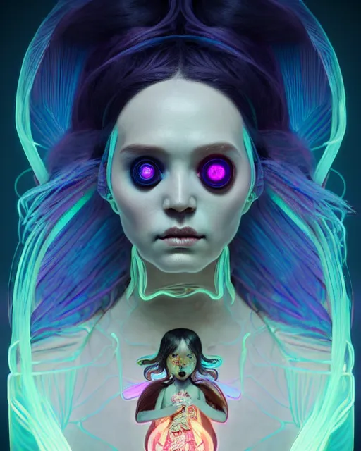 Prompt: an asymmetrical portrait of a bioluminescent patchwork doll, highly detailed, digital painting, cinematic, hyperrealism, dark retrowave, art by stanley lau and artgerm and magali villeneuve and alphonse mucha, artstation, octane render, cgsociety, james jean, victo ngai, david rubin, mike mignola