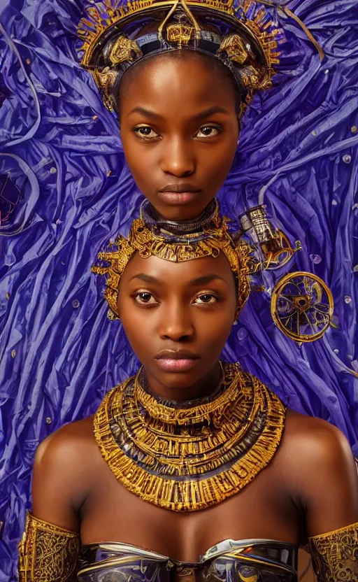 Prompt: beautiful young cyborg queen, african, beautiful dark skin, piercing glowing eyes, elegant, striking composition, ornate royal gown, highly detailed ornate sci fi background, mural in the style of sandro botticelli, caravaggio, albrecth durer, 8k