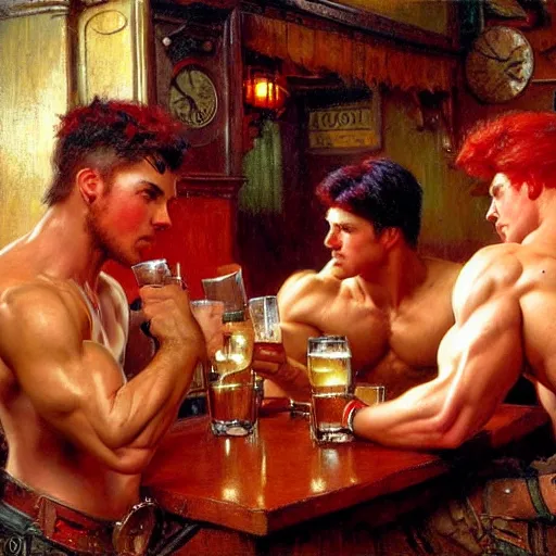 Prompt: attractive muscular mike with red hair with muscular attractive tyler with black hair, drinking their hearts out, in a pub. very defined and highly detailed painting by gaston bussiere, j. c. leyendecker, craig mullins 8 k