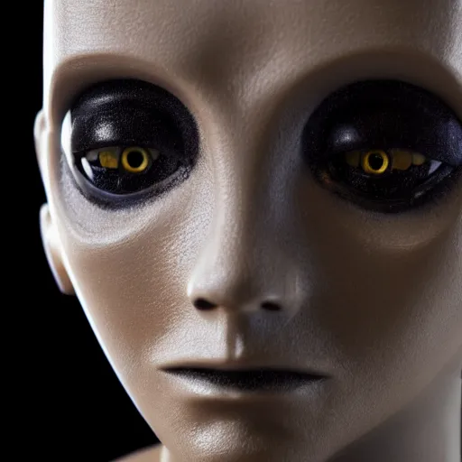 Image similar to photo of a humanoid robot in a store display hiding a dark secret, synthetic skin, highly detailed face, expressive face, cyberpunk, year 3022, medium close-up, depth of field, ISO 300, aperture f11, 1/100 obturation speed