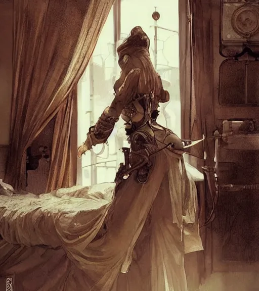 Image similar to woman model, minimal steampunk clothes, in a bedroom!!!!!!!!!!!!!!!!!!!!, elegant, highly detailed, digital painting, artstation, concept art, smooth, sharp focus, illustration, art by krenz cushart and artem demura and alphonse mucha