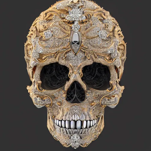 Image similar to a portrait of a beautiful ornate and intricate rococo skull with silver and gold details and diamonds inside a rococo frame, 4k, octane render, vray, unreal engine, photorealistic