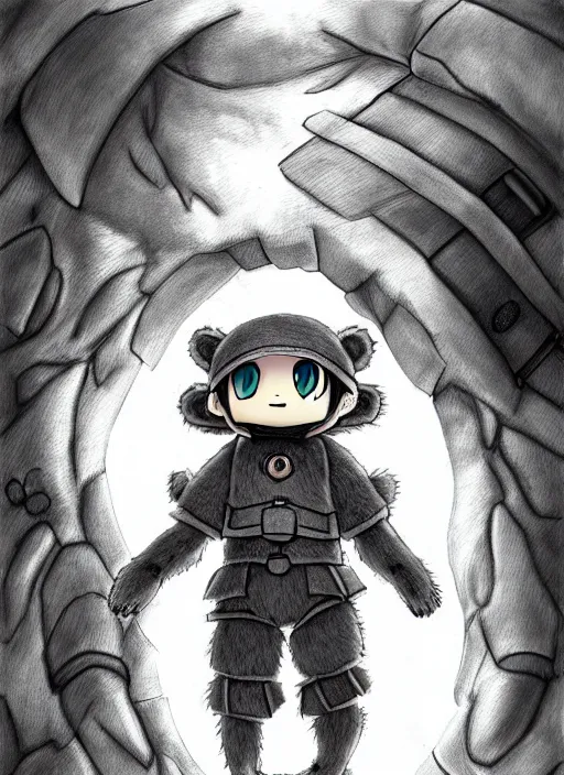 Image similar to beautiful little boy wearing an cyborg bear suit, artwork in kentaro miura and made in abyss and rosdraws, smooth, beautiful lightness, anatomically correct, trending on pixiv, forest