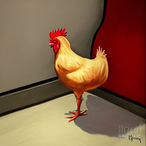 Image similar to a beautiful painting of a chicken sitting in a subway seat, rutkowski, realism, cinematic lighting