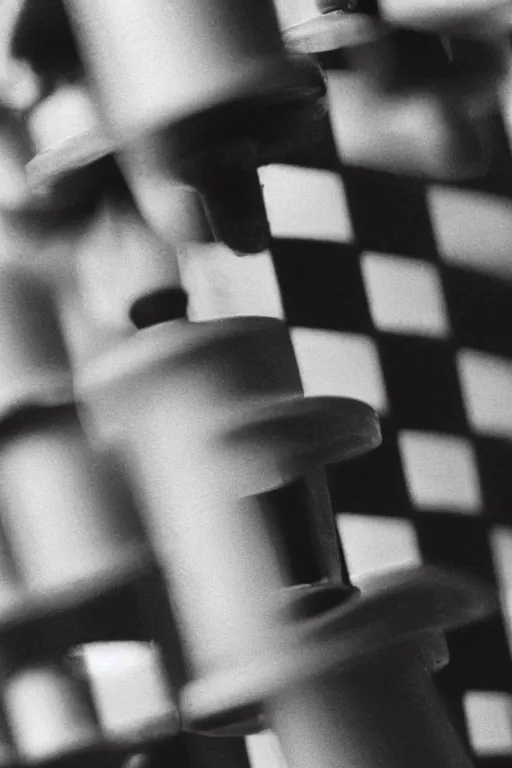 Image similar to a close-up portrait of Marcel Duchamp's industrial chess-piece-building machine in the style of Hito Steyerl and Shinya Tsukamoto and Irving Penn and Robert Frank, minimal contraption