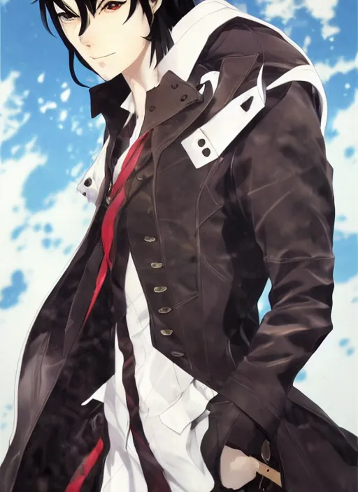 Image similar to half - body character portrait by shigenori soejima, handsome male vampire, focus on face sword holster, long black hair, light brown coat