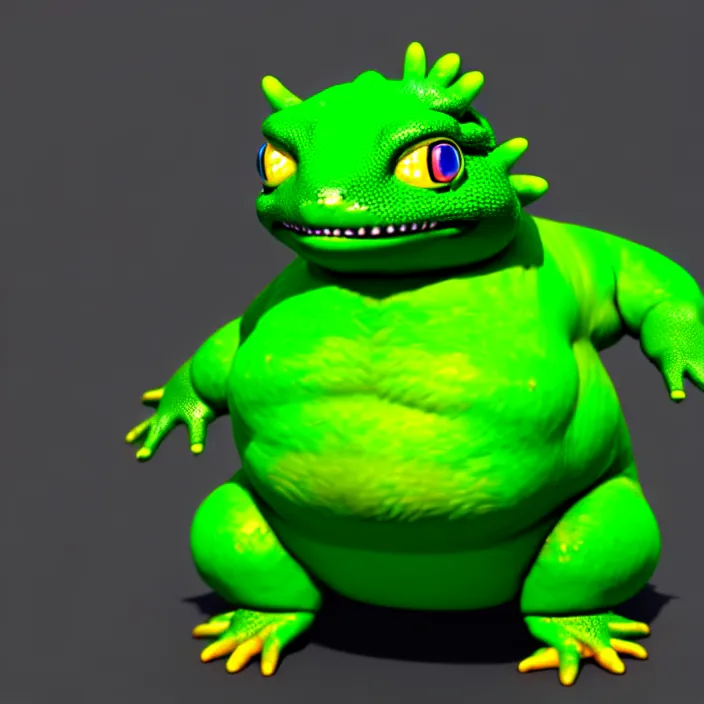 Prompt: a fat anthropomorphic male green gecko fursona waddling across vrchat, cute, 3 d, octane render, furry