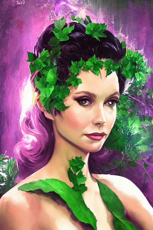 Prompt: portrait of a beautiful young olivia newton john from grease as titania, summer queen. faerie queen. queen of light, green, poison ivy, made by caravaggio stanley artgerm lau wlop rossdraws artstation cgsociety concept art cgsociety octane render