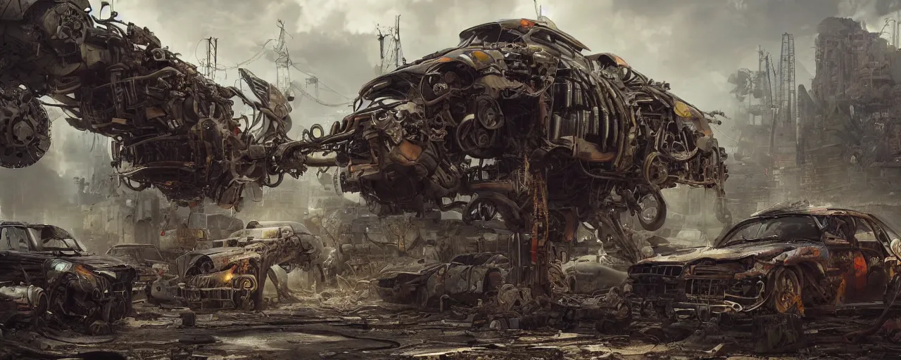 Image similar to an intricate concept art of a mechanical coming out to life in a junkyard, post - apocalyptic, hyper maximalist, matte painting, ultra detail, concept art, hyper realistic, cgsociety, hyper maximalist, artstation, deviantart, style by feng zhu and dylan cole, octane render, anime style