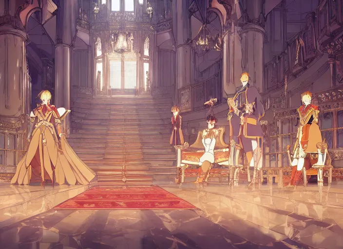 Prompt: key anime visual portrait of a castle's main hall interior with throne, servants, nobles, dynamic pose, dynamic perspective and angle, cinematic, film grain, designed by yoh yoshinari, detailed, intricate, at night, dramatic lighting, costumes by mika pikazo