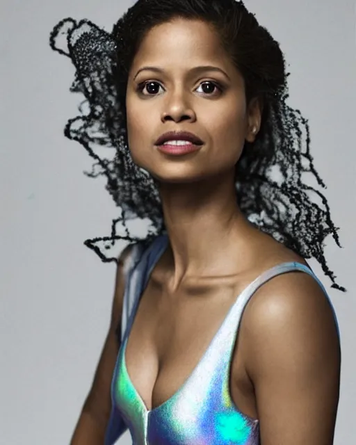 Prompt: annie leibovitz style photoshoot editorial of gugu mbatha - raw as sue storm, the invisible woman from the fantastic four, she is wearing a beautiful iridescent shimmering, glowing jellyfish like wedding dress made from her force field powers, hyperreal, magical, translucent, iridescent, studio lighting, soft focus, bokeh, 5 0 mm