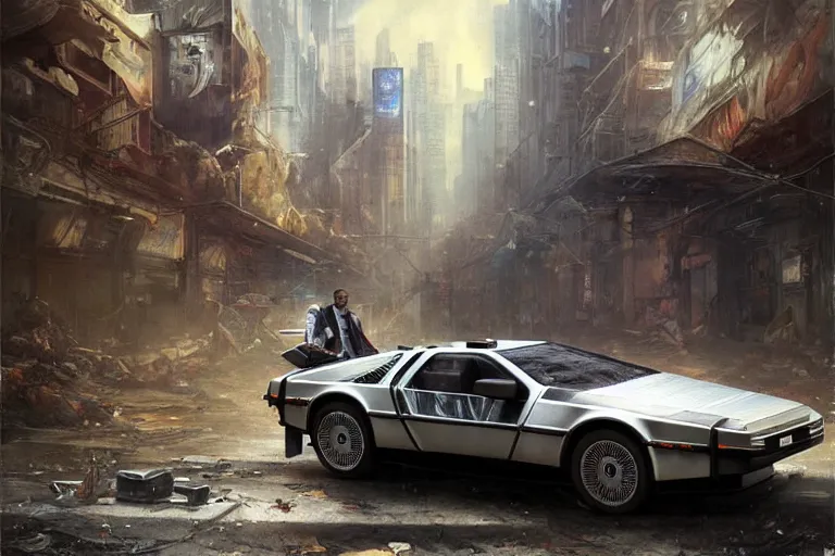 Image similar to photograph of the delorean driving down the streets of a cyberpunk abandoned city, by greg rutkowski, by stanley artgerm, by alphonse mucha