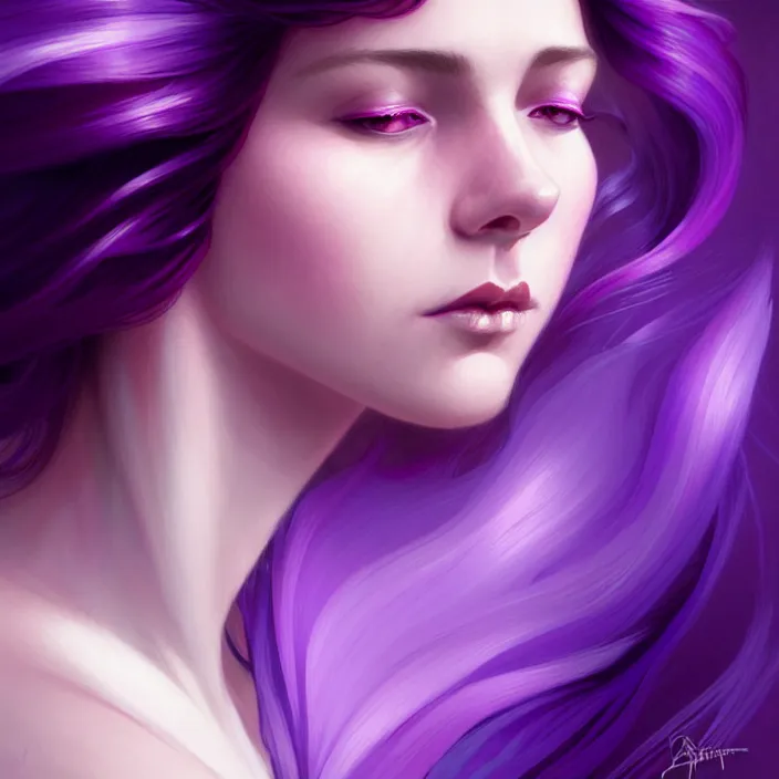 Image similar to Purple hair relistic Portrait of a two woman with bright colored flying hair, all shades of purple. Beauty face, Hair coloring, fantasy, intricate, elegant, highly detailed, digital painting, artstation, concept art, smooth, sharp focus, illustration, art by artgerm and greg rutkowski and alphonse mucha