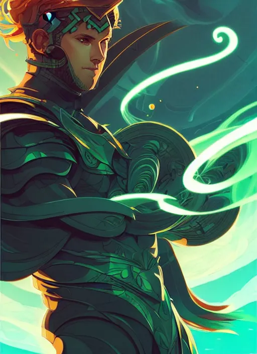 Image similar to style artgerm, joshua middleton, illustration, ryan reynolds as rune knight wearing green pelt light armor, anime eyes, blue hair, swirling water cosmos, fantasy, dnd, cinematic lighting