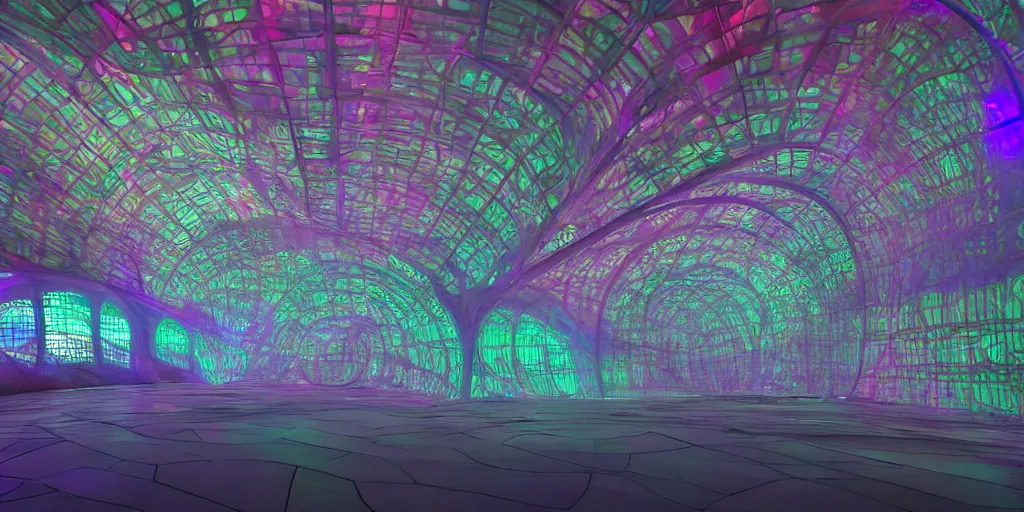 Image similar to extremely detailed awe stunning beautiful futuristic smooth curvilinear museum interior, translucent gills, hyper real, 8k, colorful, 3D cinematic volumetric light, atmospheric light